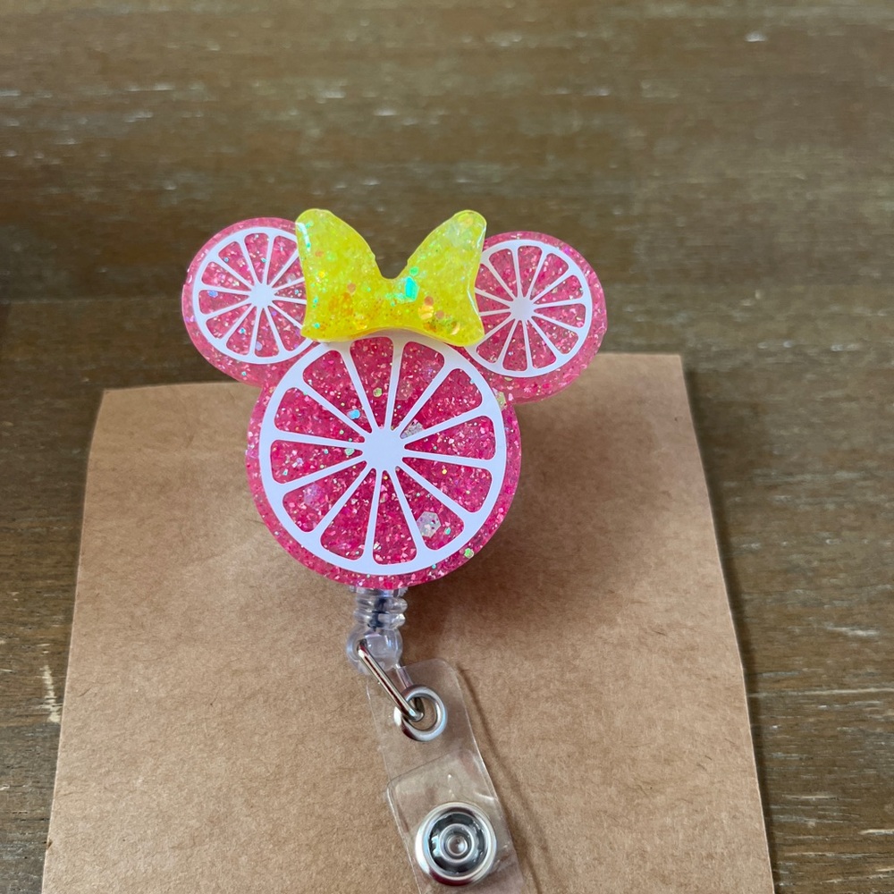Glittery Pink Citrus Mouse Badge Reel